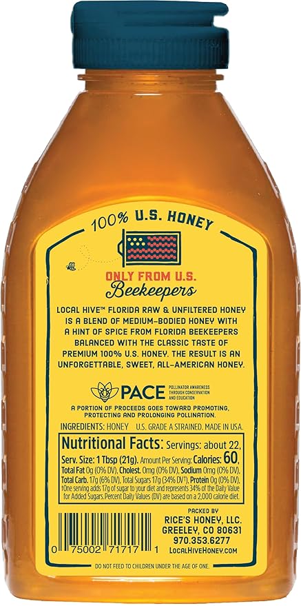Local Hive Florida Raw Unfiltered Honey – 16oz, 100% Pure US Honey, Sourced from American Bees and Beekeepers - Natural Sweetener, Ideal for Tea, Baking, and Cooking