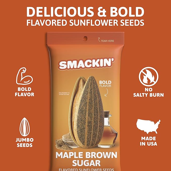SMACKIN' Sunflower Seeds, Roasted Jumbo Small-Batch, American Made - Maple Brown Sugar. 1.5oz bags (36 Pack)