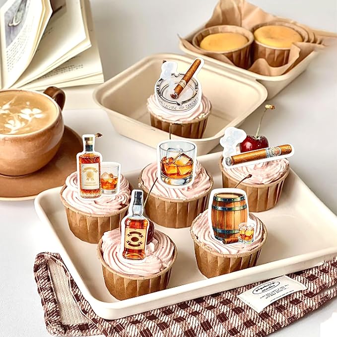 40pcs Edible Whiskey Cupcake Toppers Whiskey Man Happy Birthday Decorations Oktoberfest Festival Theme Decorations Supplies