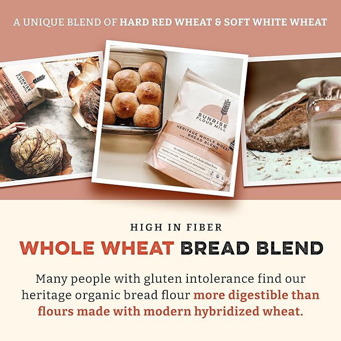 Sunrise Flour Mill Heritage Whole Wheat Bread Blend - 2 lb | USDA Organic All Purpose Flour Unbleached - Non-GMO, Kosher, Glyphosate Free, Ancient Grains, Bread Flour Organic.
