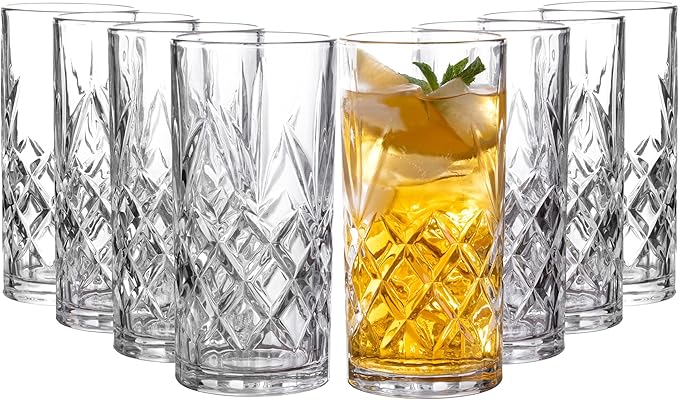 Royalty Art Kinsley Tall Highball Glasses Set of 4, 12 Ounce Cups, Textured Designer Glassware for Drinking Water, Beer, or Soda, Trendy and Elegant Dishware, Dishwasher Safe (Hiball Set Of 4)