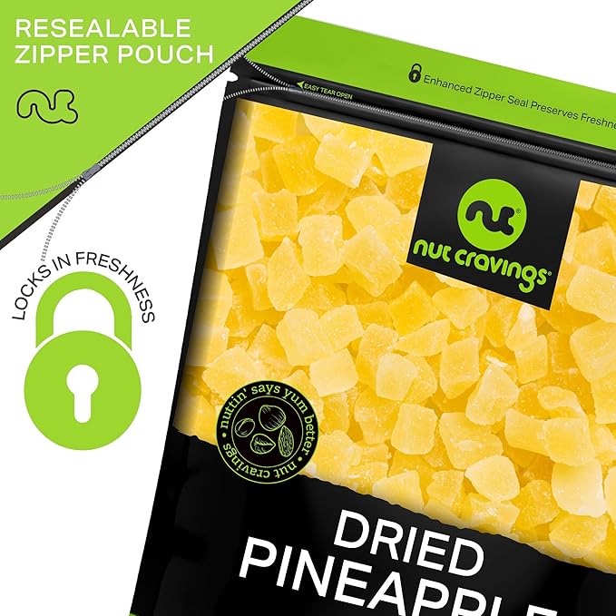 NUT CRAVINGS - Sun Dried Pineapple Chunks, Lightly Sweetened (8oz, 1 Pack) Bulk Dry Fruits Packed Fresh in Resealable Bag - Sweet Healthy Snack, Naturally Grown, Vegan, Kosher