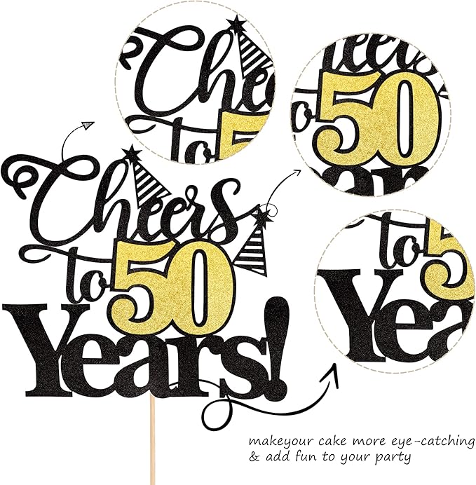 Rsstarxi 1 Pack Cheers to 50 Years Cake Topper Black Glitter Fifty Years Old 50th Birthday Cake Pick Decorations for 40th Birthday Wedding Anniversary Party Supplies