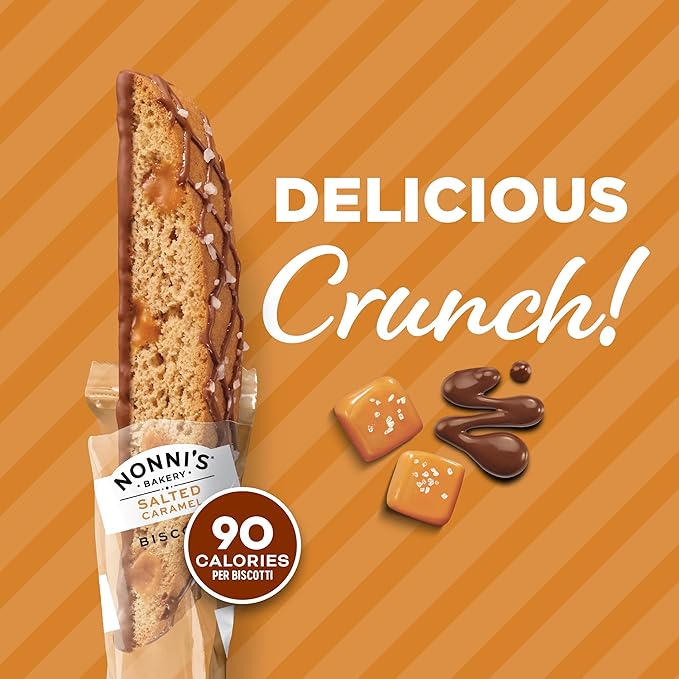 Nonni's Salted Caramel Milk Chocolate Biscotti Cookies ??Individually Wrapped Italian Coffee Snack, Crunchy Twice-Baked, 90 Cal Each, 21 oz Carton