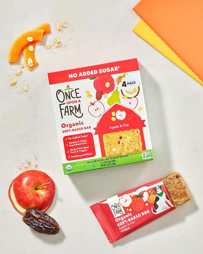 Once Upon A Farm Soft-Baked Bars, Apple & Oat, Kosher, USDA Certified Organic, Non-GMO, 4 Count, 4.8 Ounce (Pack of 8)