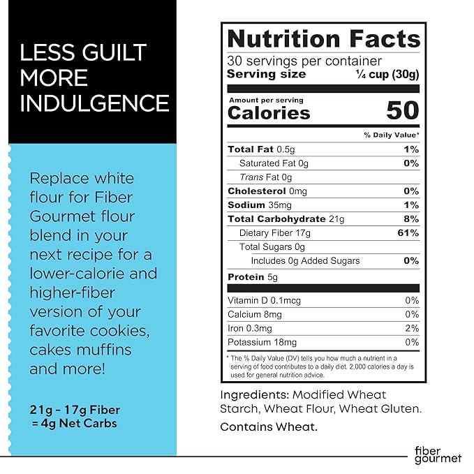 Fiber Gourmet Low Net Carb Flour Blend, Keto Friendly, Non-GMO, Vegan All-Purpose flour, 55% Less Calories Compared to White Flour, 32 Ounces (907g), Pack of 1