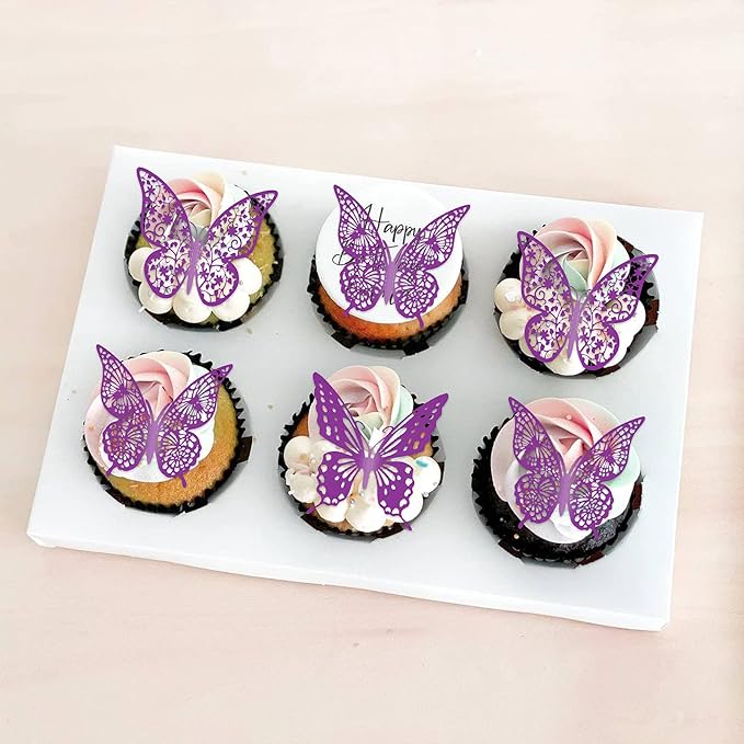 Gyufise 36 Pack Purple 3D Butterfly Cupcake Toppers Hollow Cake Decorations for Birthday Wedding Fairy Party Wall Sticker Decal