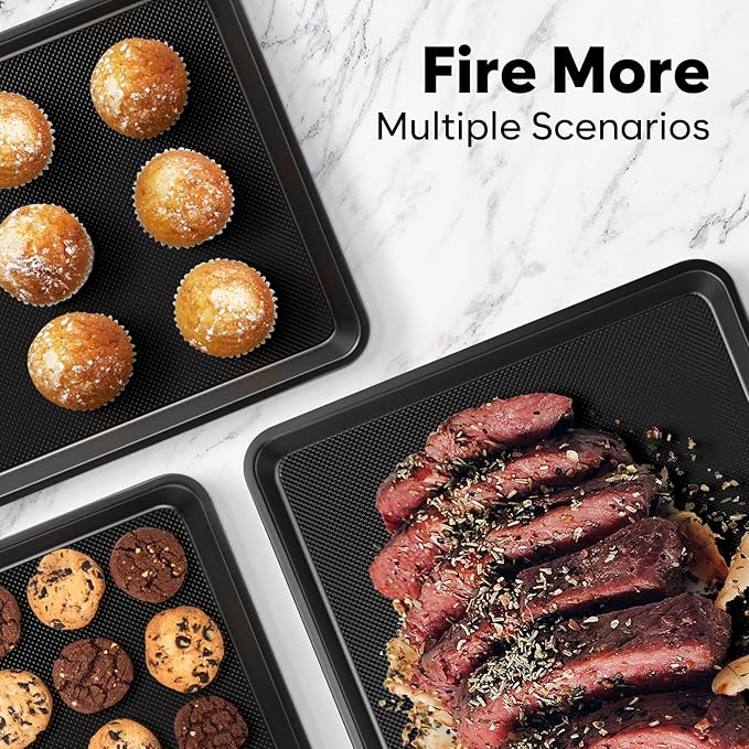 Baking Sheet Pan Set of 3, Thicker Carbon Steel Cookie Sheets for Baking Non Stick with Diamond Texture Pattern, Ceramic Half/Quarter/Jelly Roll Baking Trays for Oven