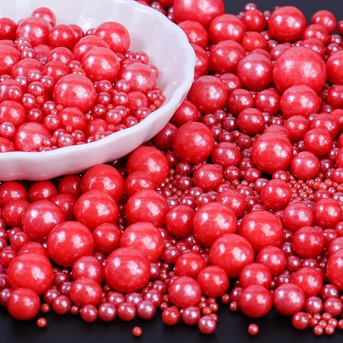 Red Pearl Sprinkles for Cake Decorating, Pearl Sugar in Mix Sizes 130g/4.6oz, Baking Cupcakes, Donuts, Macarons Baking Toppings, Wedding Celebration Birthday Party Supplies