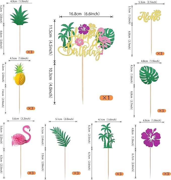 Rsstarxi 25 Pack Tropical Luau Cupcake Toppers with Happy Birthday Flamingo Cake Topper Palm Tree Flamingo Pineapple Cupcake Picks Decorations for Summer Beach Hawaiian Luau Birthday Party Decoration