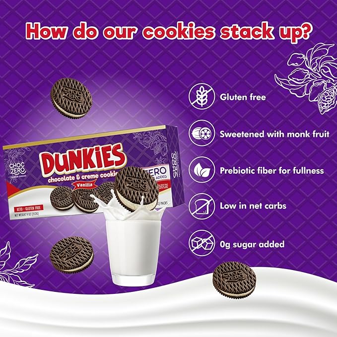 ChocZero Keto Chocolate Sandwich Cookies with Creme - Low Sugar Gluten Free Dunkies (1 Box, 9oz)