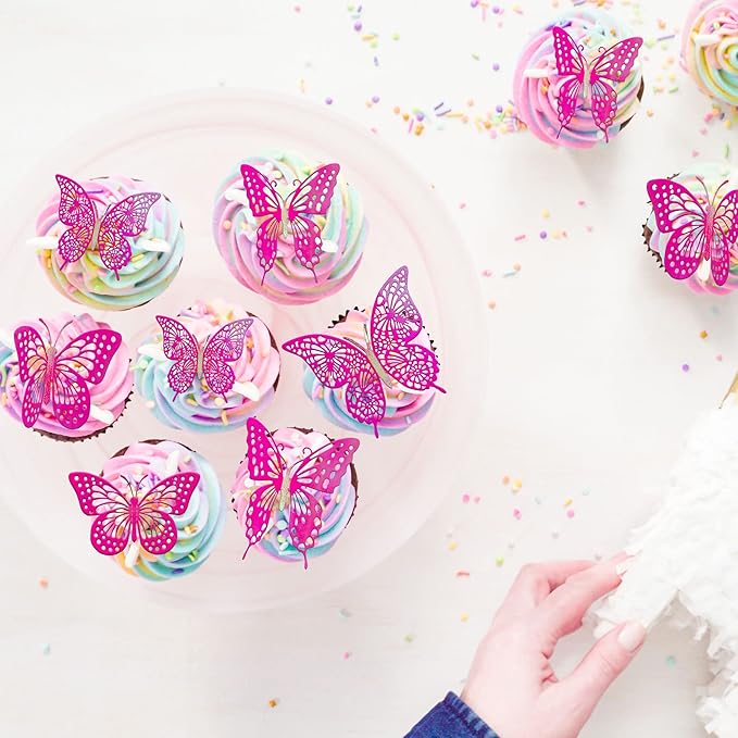 Gyufise 36 Pack Laser Purple Red Glitter 3D Butterfly Cupcake Toppers Hollow Cake Decorations for Birthday Wedding Fairy Party Wall Sticker Decal