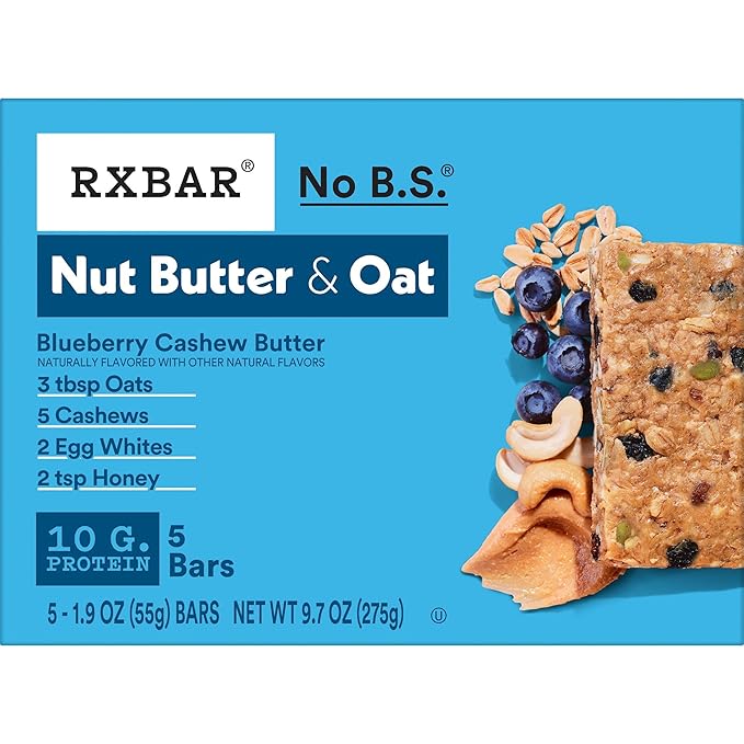 RXBAR Nut Butter and Oat Protein Bars, Protein Snacks, Snack Bars, Blueberry Cashew Butter (6 Boxes, 30 Bars)