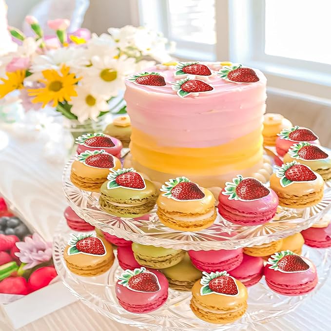 60 Pack Edible Sweet Strawberry Cupcake Toppers Rice Paper Wafer Paper First Birthday Strawberry Cake Picks for Fruit Baby Shower Birthday Berry Sweet Kids Birthday Cake Decorations