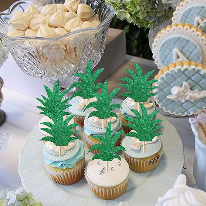 Rsstarxi 30 Pack Pineapple Cupcake Toppers Glitter Hawaiian Luau Cake Decorations Donut Pineapple Leaf Cupcake Picks for Tropical Aloha Baby Shower Kids Birthday Party