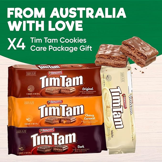 Tim Tam Cookies Gift, Snack Box, Australian Cookies Variety Pack with Chocolate Filling, 4 Pack Full of Original, Dark, Caramel & White Flavors - Perfect Cookie Gift