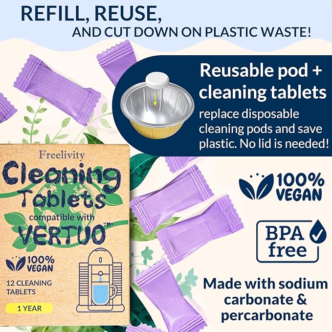 Nespresso Compatible Vertuo Cleaning & Descaling Kit ??1 Year Supply. Includes 4 Descaling Powder Solution, 12 Cleaning Tablets, 1 Reusable Pod, Eco-Friendly Vertuoline Maintenance Kit