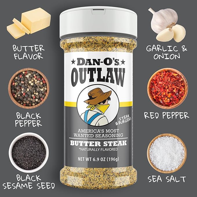 Dan-O's Outlaws Butter Steak Seasoning, 6.9 oz Bottle, All Purpose Seasoning for Steak, Chicken, Veggies and More, Sugar Free, Zero Calorie, Use this Spice Blend to Craft a Marinade, Dry Rub or Sauce