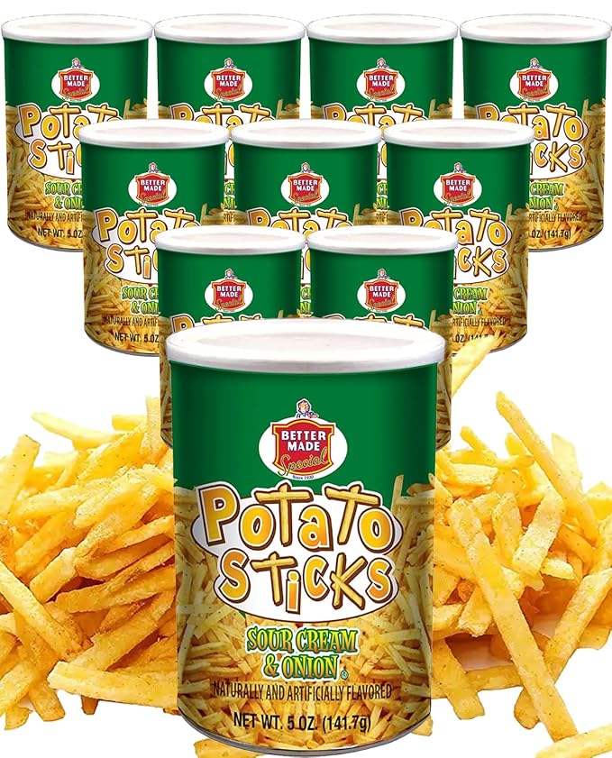 Better Made Potato Sticks 5oz Canister- (Sour Cream & Onion, 12 Can Tray) - Shoestring Potato Sticks - Gluten Free - Crunchy, Crispy Snack from Fresh Potatoes - Resealable Lid