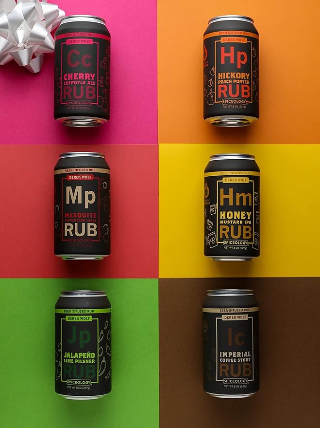 Spiceology ??Derek Wolf Beer-Infused BBQ Rub Set ??Cherry Chipotle Ale, Honey Mustard IPA, Hickory Peach Porter, Imperial Coffee Stout, Jalapeño Lime Pilsner & Mesquite Peppercorn Lager ??6 Pack