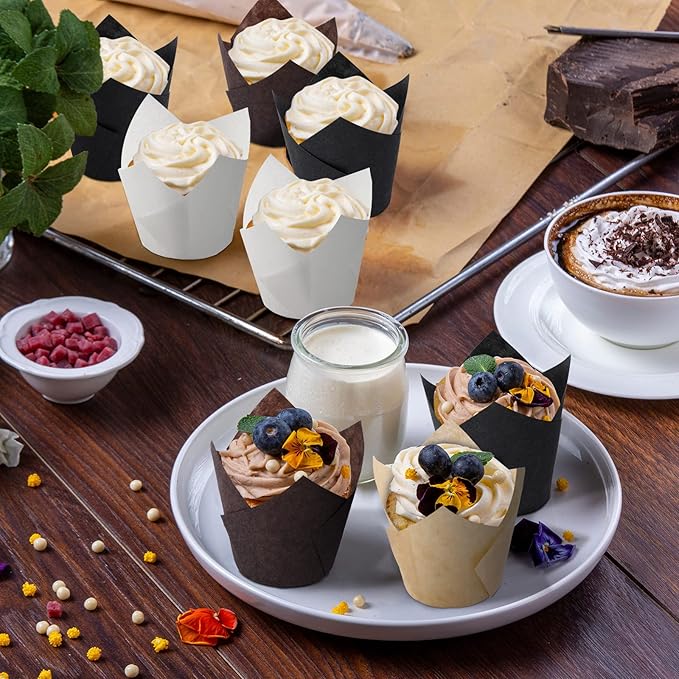 Ruisita 200 Pieces Mini Tulip Cupcake Liners, Tulip Baking Cups, Greaseproof Cupcake Muffin Liners, Muffin Cases Wrappers for Wedding Birthday Party Baby Shower, Brown, White, Natural, Black
