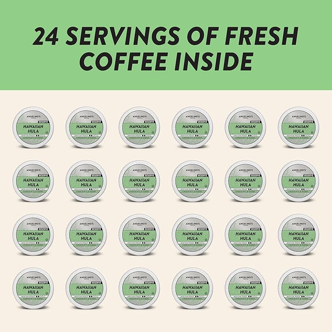 Angelino's Coffee Hawaiian Hula Coffee Pods - Hawaiian Blend, Medium Roast Coffee K Cups compatible, Reserve, Chocolaty Notes with Floral Undertones, 24 Count - Premium Hawaiian Blend Coffee for Keurig Machines