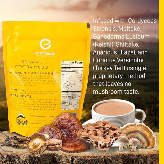 Enerhealth Botanicals Cocoa Mojo ??Certified Organic Hot Chocolate Peruvian Cocoa Mix, Sweetened with Low Glycemic Coconut Palm Sugar and Infused with 6 Mushroom Extracts to Boost Immunity ??12 oz