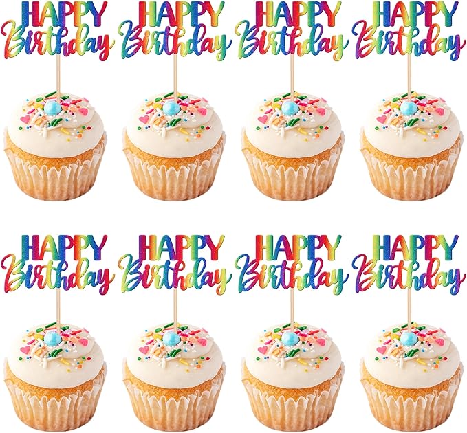 ZHUOWEISM 30 PCS Rainbow Happy Birthday Cupcake Toppers - Glitter Cupcake Picks for Celebrating Birthday & Anniversary Parties - Non-Edible Cake Decorations