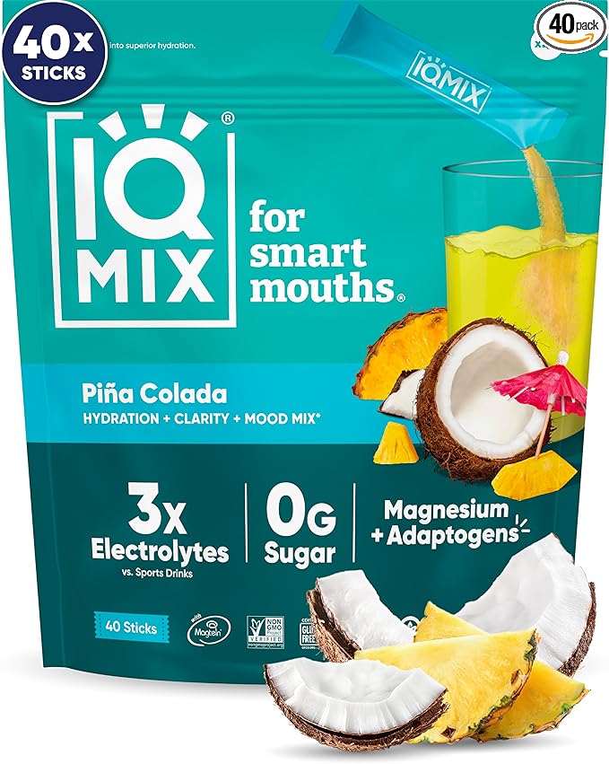 IQMIX Hydration Electrolyte Powder ??4-in-1 Formula for Hydration, Mental Clarity, Mood and Recovery ??Sugar-Free Drink Mix, Keto, Magnesium L-Threonate, Lion?™s Mane ??40 Count Piña Colada