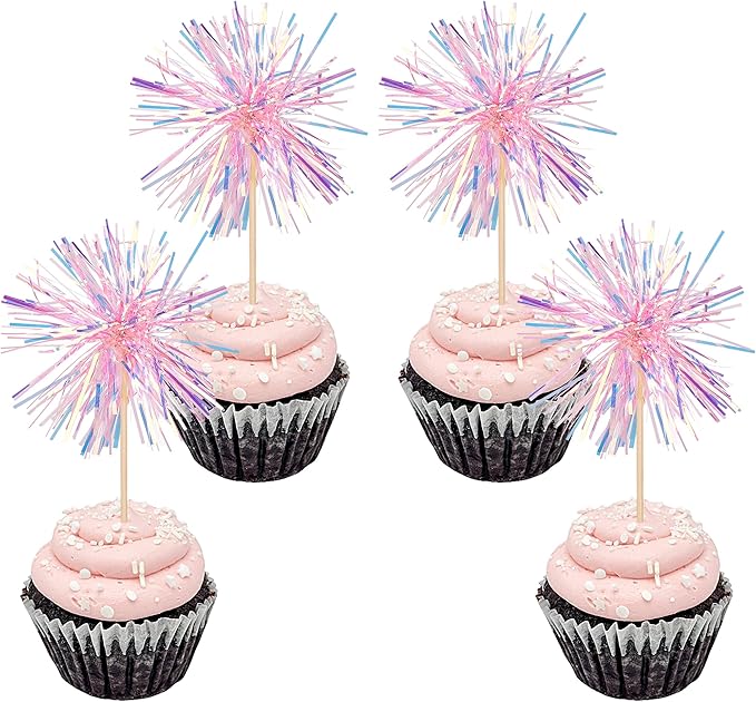 30 PCS Foil Firework Cupcake Toppers Happy Birthday Cupcake Toppers Sparkle Tinsel Flower Drink Stirrers Cocktail Fruit Toothpicks for Valentine's Day Baby Shower Party Cake Decor Supplies Pink