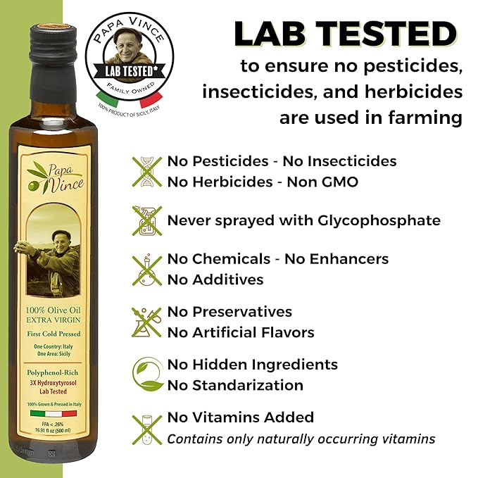 Papa Vince Olive Oil Extra Virgin - First Cold Press Family Harvest 2024/25, Polyphenol Rich, Subtle Peppery Finish, Unrefined, High in Monounsaturated Fat, No Pesticides, No GMO, Sicily, Italy