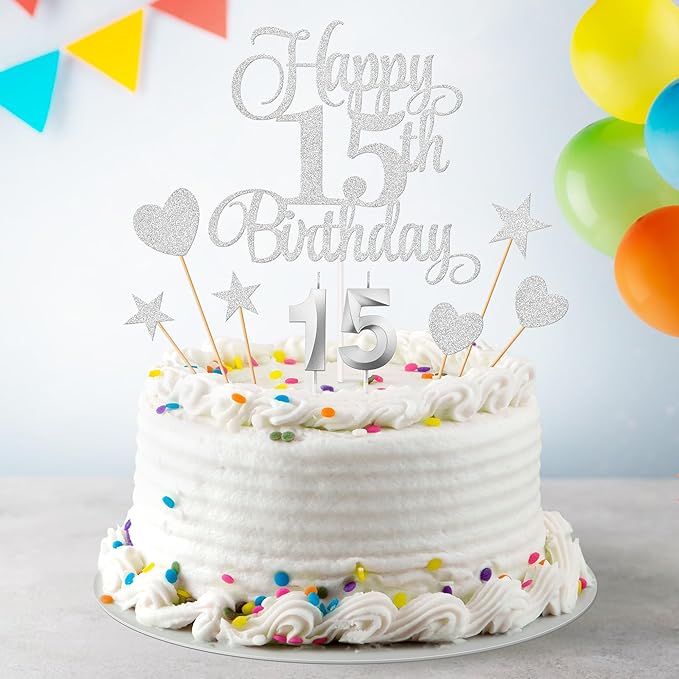 15th Birthday Cake Decorations, 15th Birthday Candles Cake Numeral Candles and Glitter Happy 15th Birthday Cake Toppers Set for Birthday Party Supplies (Silver)