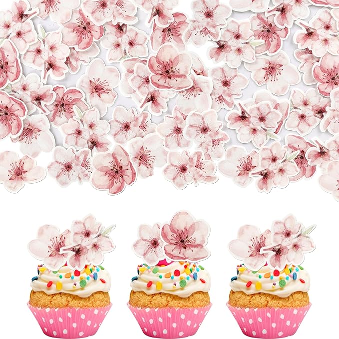 60 Pack Edible Cherry Blossom Cupcake Toppers Cherry Flowers Cake Toppers Rice Paper Wafer Paper Cake Picks for Cherry Blossom Bridal Shower Baby Shower Kids Birthday Cake Decorations Color 2