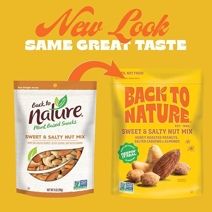 Back to Nature Sweet & Salty Nut Mix, Honey Roasted Peanuts, Salted Cashews & Almonds, Dry Roasted, Non-GMO, On-the-Go Pouch Snack, 9oz Pouch