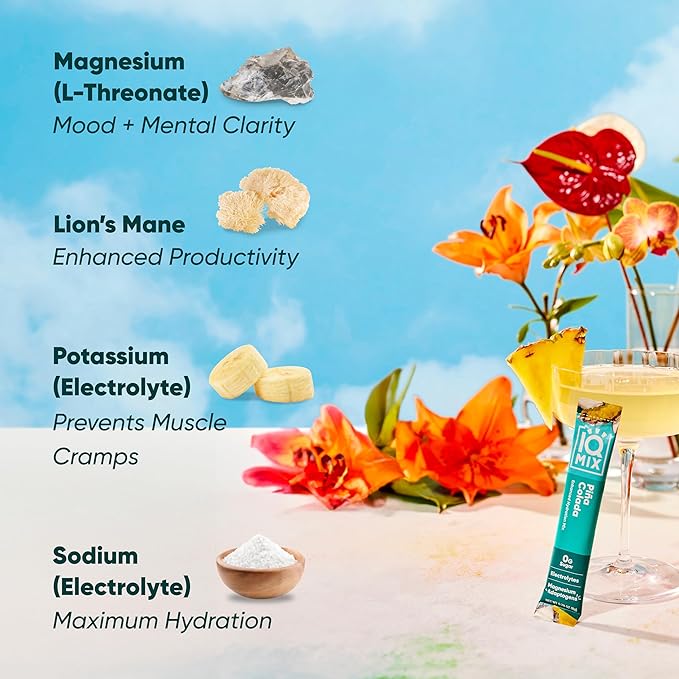 IQMIX Hydration Electrolyte Powder ??4-in-1 Formula for Hydration, Mental Clarity, Mood and Recovery ??Sugar-Free Drink Mix, Keto, Magnesium L-Threonate, Lion?™s Mane ??40 Count Piña Colada