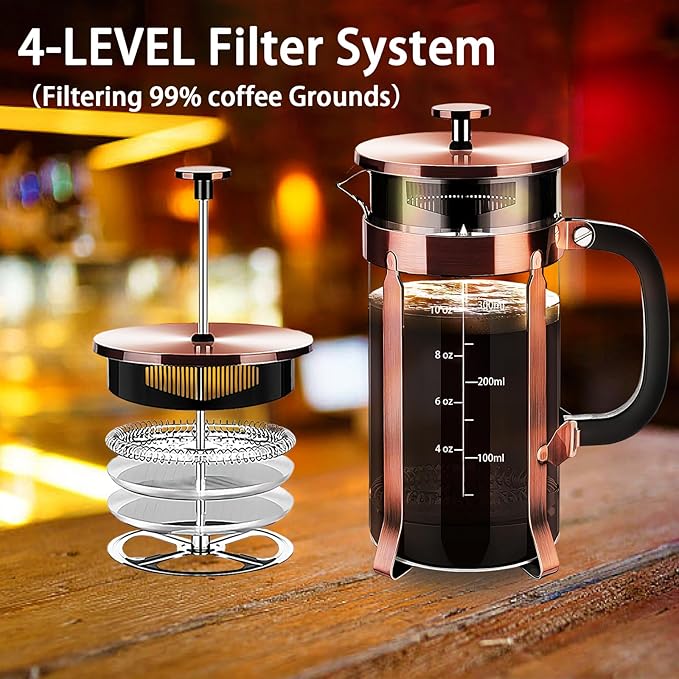 French Press Coffee Maker 304 Stainless Steel Coffee Press,with 4 Filters System, Heat Resistant Thickness Borosilicate French Press Glass, BPA-Free Brewed Tea Pot Coffee Plunger(Copper 12oz)