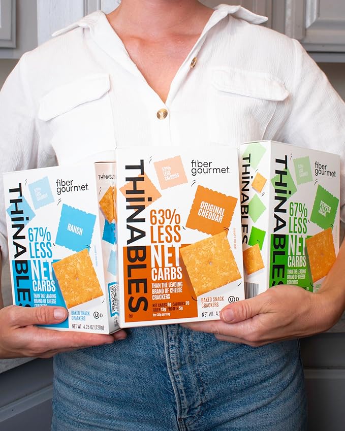 Fiber Gourmet Ranch Thinables Baked Cheese Crackers β Low Calorie, High Fiber Snack β 6g Net Carbs, 70 Calories, 13g Fiber, 5g Protein β Kosher, Made in USA with Real Cheese - 4.25 oz