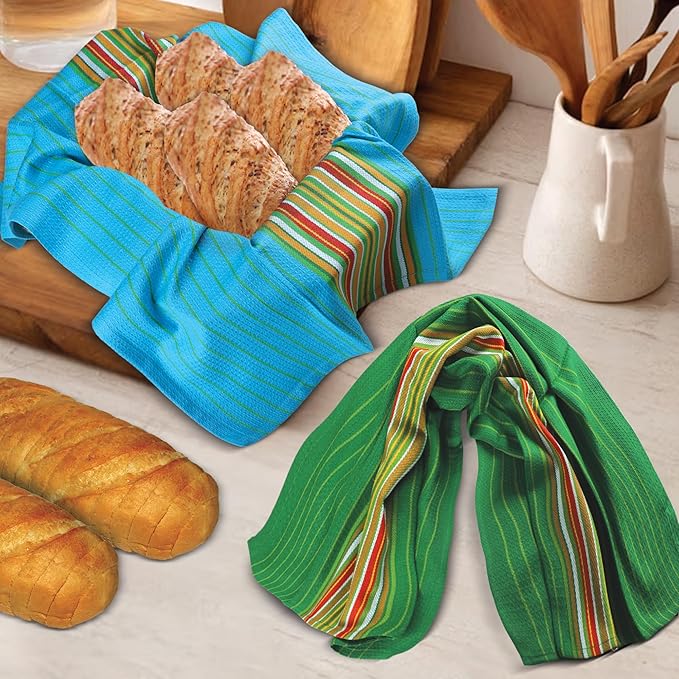 Salsa Stripe Kitchen Towels 100% Cotton Dish Towels for Kitchen Multi Color Highly Absorbent Multi-Purpose Waffle Dish Cloths for Cleaning Soft Hand Bar Towels 20x28 Inches (Set of 4)