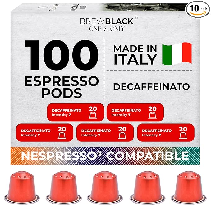 BrewBlack Decaffeinato Coffee Capsules - 100 Aluminum Coffee Pods Compatible with Nespresso Original line, Medium Roast - Intensity 7/12, Made in Italy