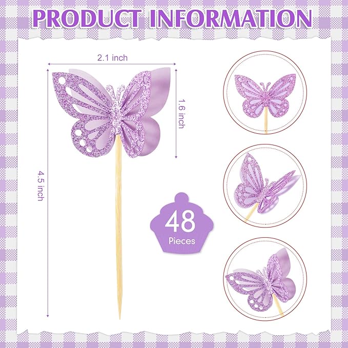 Chinco 48 Pcs Butterfly Cupcake Toppers Assembled Double Layer Cupcake Topper 3D Glitter Cake Topper Butterfly Cocktail Pick Decoration for Baby Shower Birthday Wedding(Purple,Classic Style)