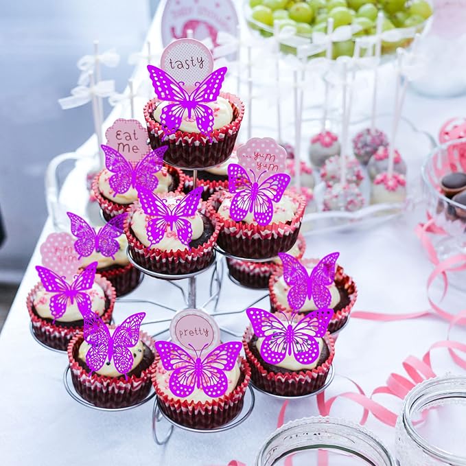 Gyufise Metallic Purple Butterfly Cupcake Toppers Hollow Art 3D Butterfly Cake Toppers Decorations Baby Shower Wedding Anniversary Kids Birthday Party Cake Wall Decorations Supplies 36Pcs