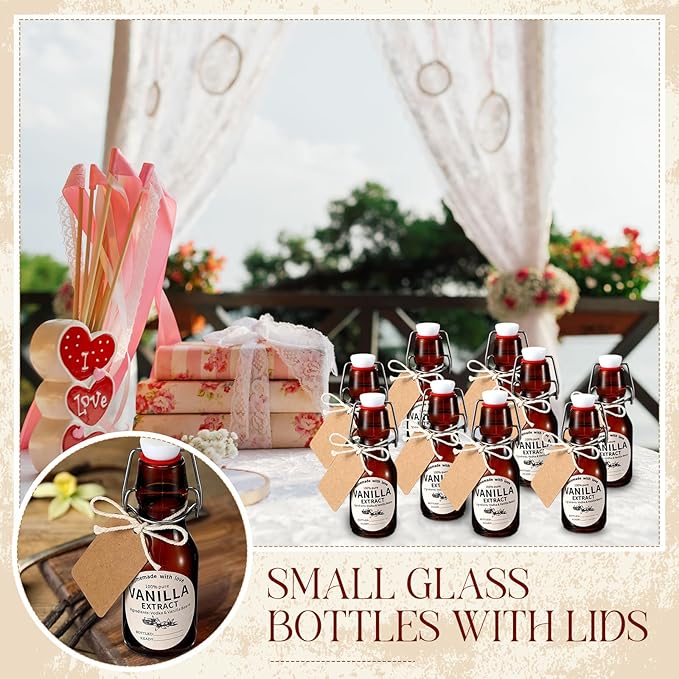 Vesici 20 Sets Swing Top Glass Bottles Set Amber Homemade Vanilla Extract Bottles with Stoppers Stickers Caps Jar Brush Funnel Rope Labels Vanilla Extract Jars for Holiday DIY Crafts (4 oz)