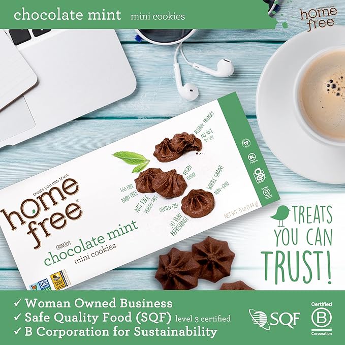 Homefree Chocolate Mint Mini Cookies, Gluten Free, Nut Free, Vegan, School Safe and Allergy Friendly Snack, 5 oz. Box (Pack of 6)