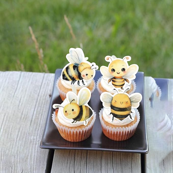 60 Pack Edible Bumble Bee Cake Topper Oh Babee Cupcake Picks Water Bumble Cake Decorations for Christmas Boy or Girl Baby Shower Kids Birthday Party Supplies