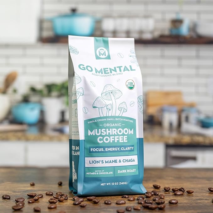 Organic Lion's Mane & Chaga Mushroom Coffee Ground Dark Roast, Full Fruiting Bodies, For Enhanced Brain Function, Immune Support, Wellbeing Grade 1 Single Origin, 12oz - Ground