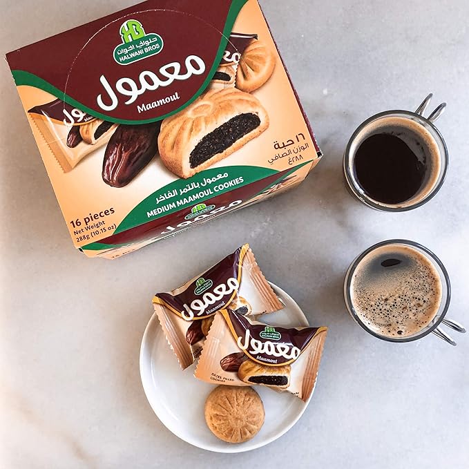 HB Halwani Bros Maamoul Cookies, 100% All Natural Date Filled Round Shortbread Cookies, No Preservatives, No Additives, 16 Medium Individually Wrapped Cookies (Pack of 4)