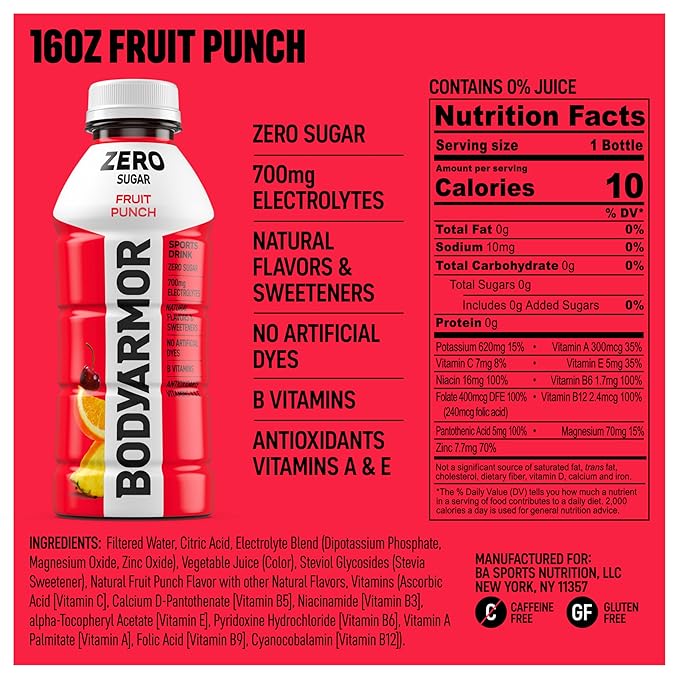 BODYARMOR ZERO Sugar Fruit Punch, Sugar Free Sports Drink - Low-Calorie Hydration - Natural Flavors with Potassium Packed Electrolytes, Antioxidants, and B-vitamins, 16 fl oz (pack of 12)