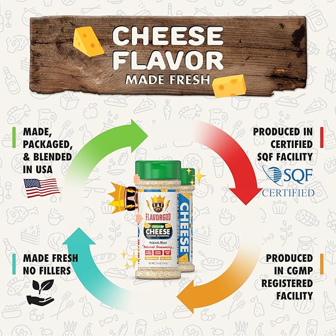 Flavor God Cheese Flavored Seasoning Mix, 2 Bottles, Premium All-Natural Spice Blend for Chicken, Seafood, Vegetables, Eggs, Ravioli, Tacos, & Pasta - Kosher, Dairy-Free, Gluten-Free, Keto Friendly