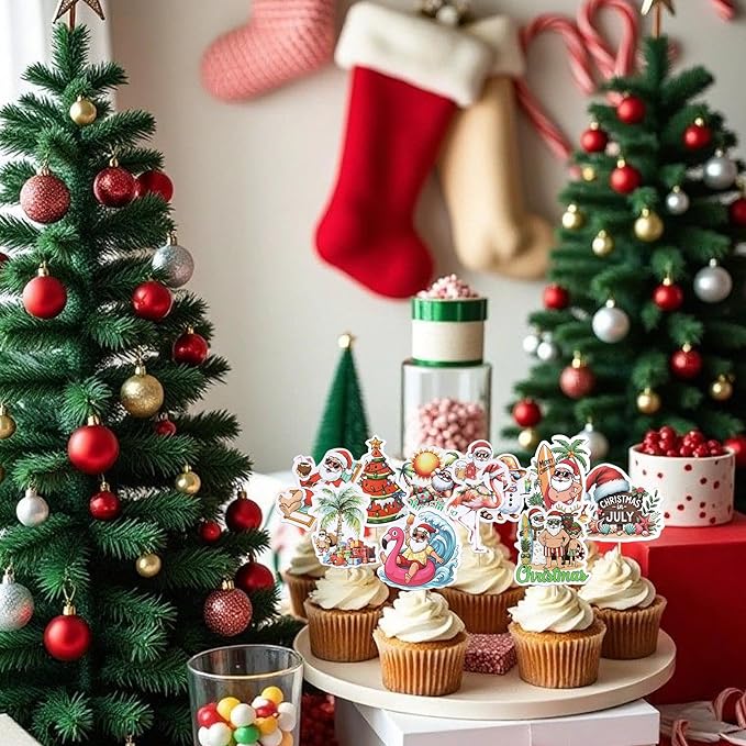 Rsstarxi 40 Pack Summer Christmas Cupcake Toppers Christmas in July Cake Decorations Santa Surfboard Snowman Flamingo Cupcake Picks for Summer Beach Pool Birthday Party Decors