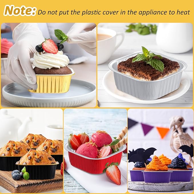 Aoriher 150 Pieces 10 oz Mini Cake Pans with Lids Aluminum Foil Baking Cups Square Disposable 4" x 4" Large Cupcake Cups Baking Tins for Kitchen Brownie Pudding Desserts Holders(Multicolor)